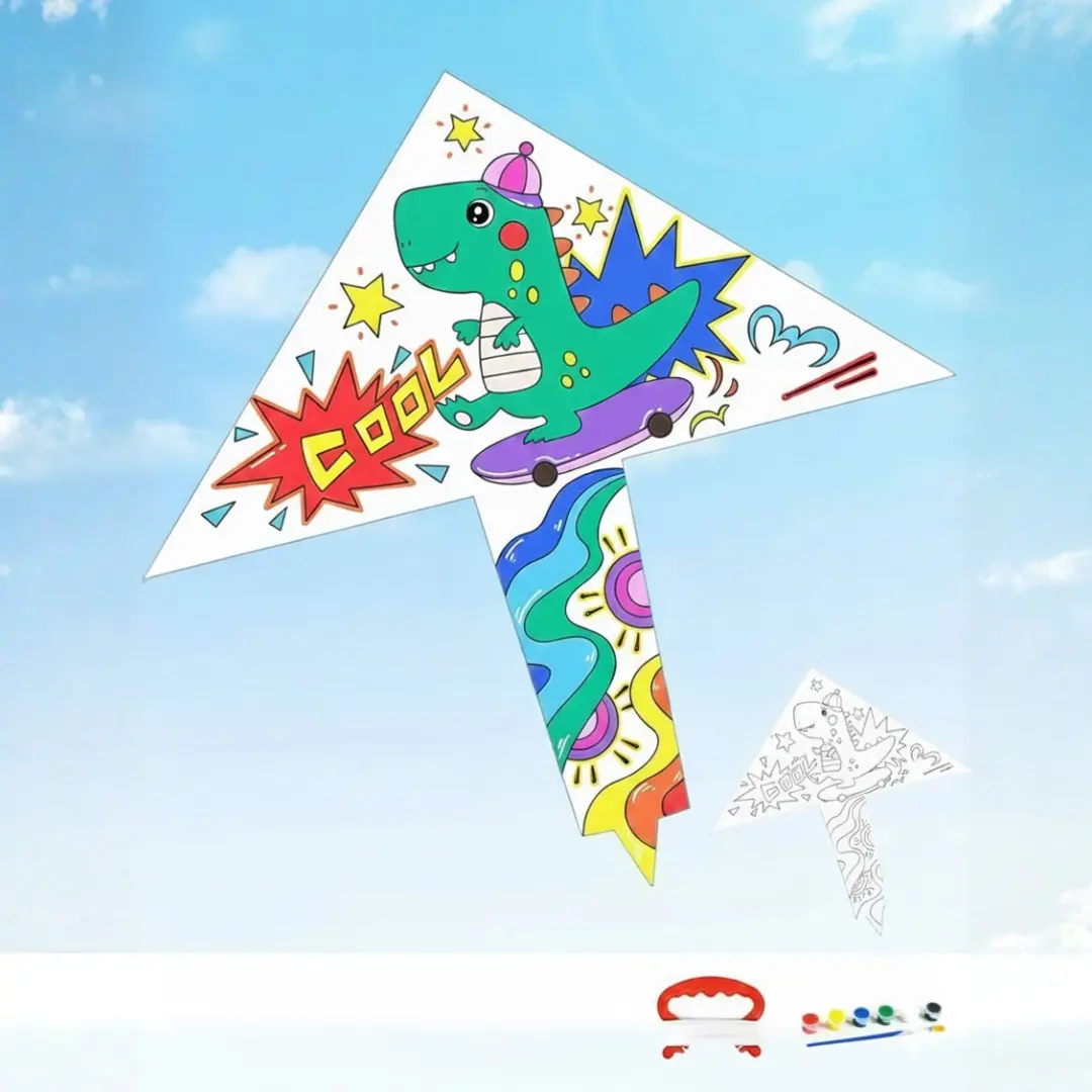 Child painting a large DIY rocket paper kite