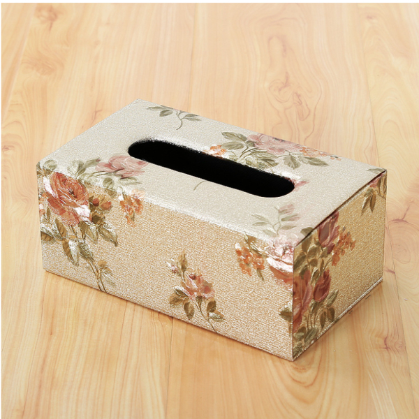 Decorative rectangular wooden tissue box cover with vintage rose floral design and champagne gold finish.